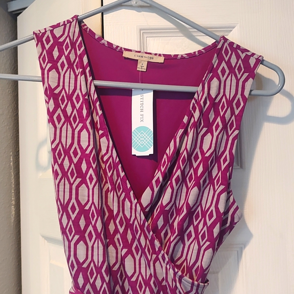 Kassidy faux wrap sleeveless dress-purple/grey pattern, V-neck sz-S